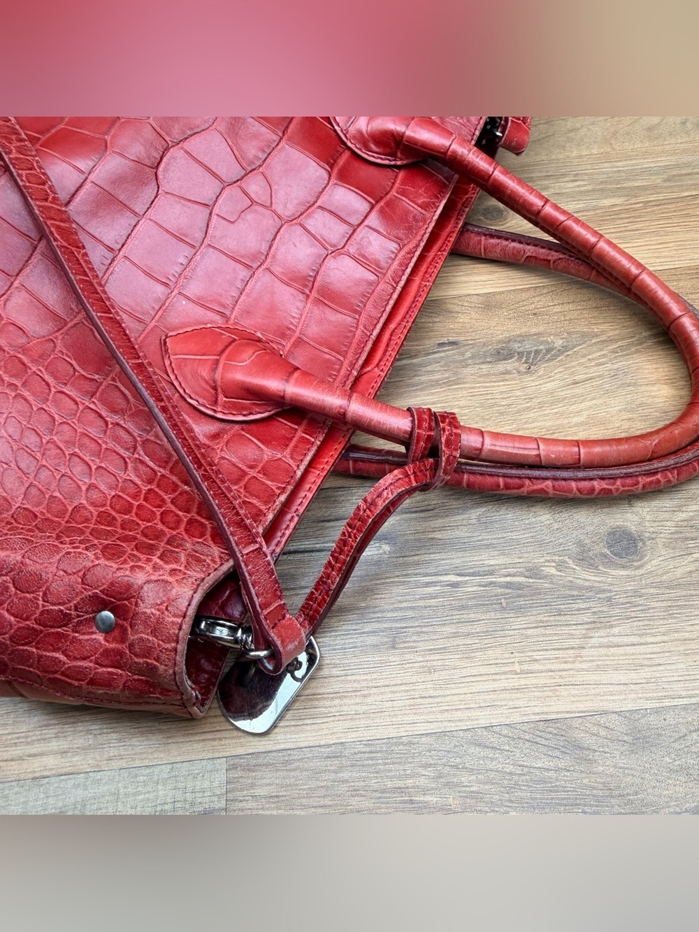 FURLA Red Croc-Embossed Leather Tote Bag - Picture 4 of 9